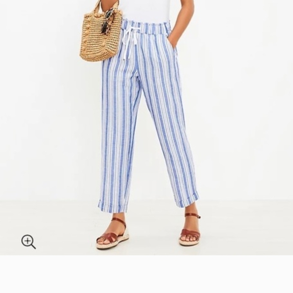 LOFT Blue and White Emory Taper Striped  Linen BlendCropped Pants Small